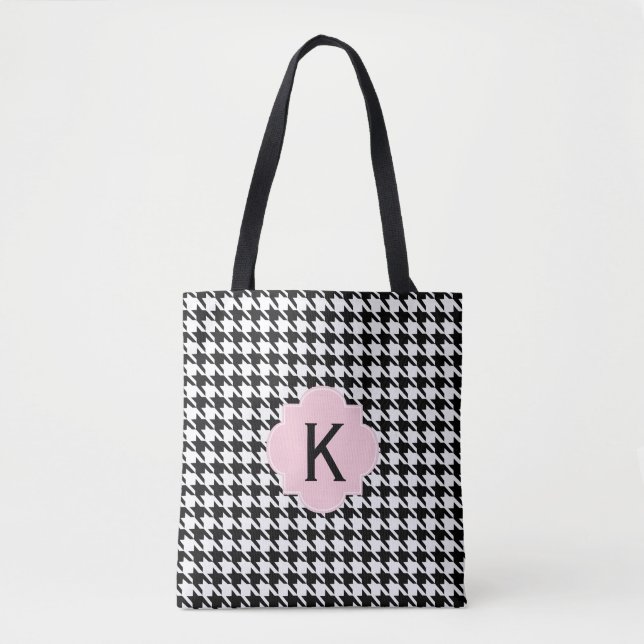 Monogram Black, White and Pastel Rosa Houndstooth Tygkasse (Framsida)