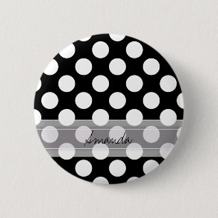 Monogram Black White Chic Polka Dot Mönster Knapp
