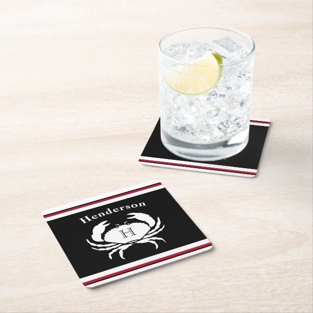 Monogram Black White Crab Nautical Underlägg Papper Kvadrat (Insitu)