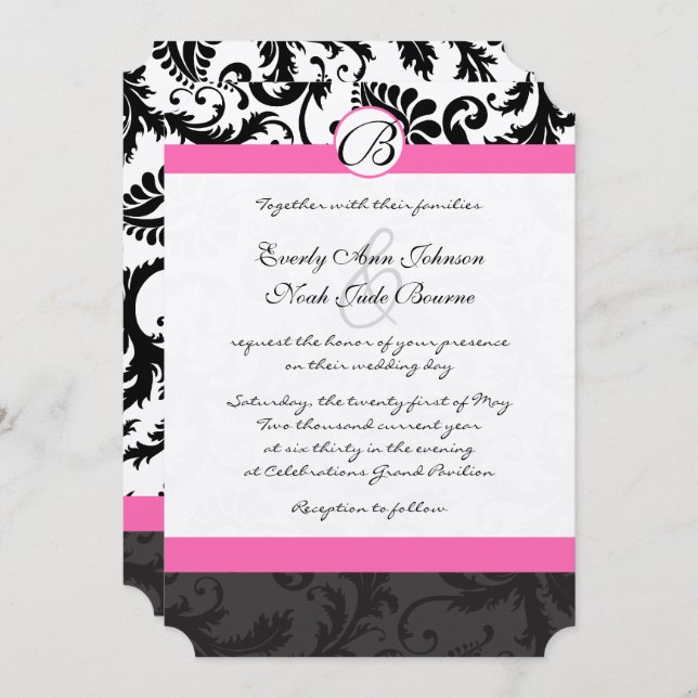 Monogram Black & White Damask Rosa Trim Inbjudningar (Fram/baksida)