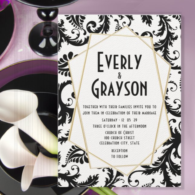 Monogram Black & White Damask Wedding Inbjudningar (Skapare uppladdad)