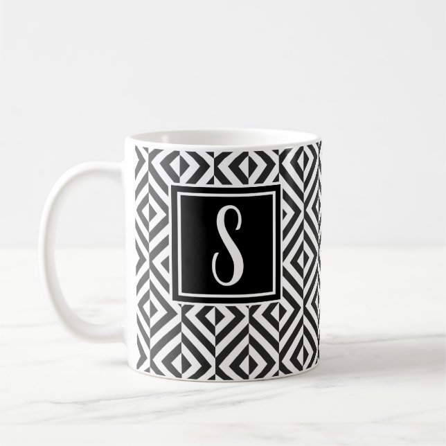 Monogram Black & White Diamond Mönster Kaffemugg (Vänster)