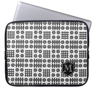 Monogram Black White Faux Welsh Tapestry Mönster Laptop Sleeve