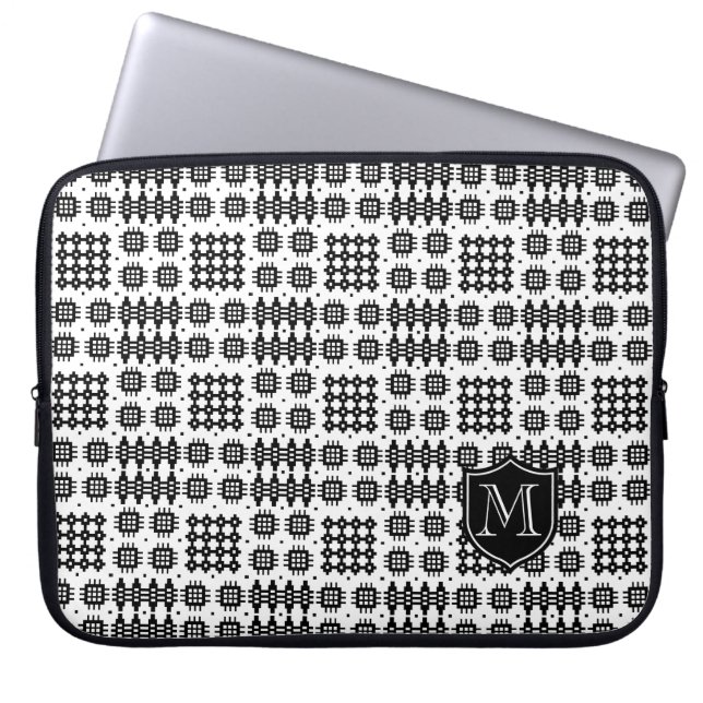 Monogram Black White Faux Welsh Tapestry Mönster Laptop Sleeve (Framsidan)