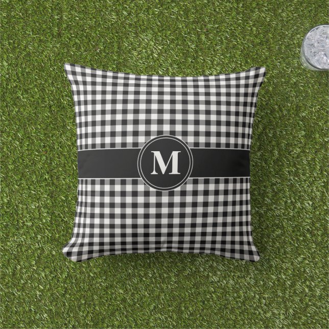 Monogram Black & White Gingham Play Check Mönster Kudde (Gräs)