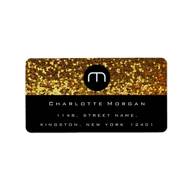 Monogram Black White Guld Glitter Logotyp OSA Adressetikett (Framsidan)