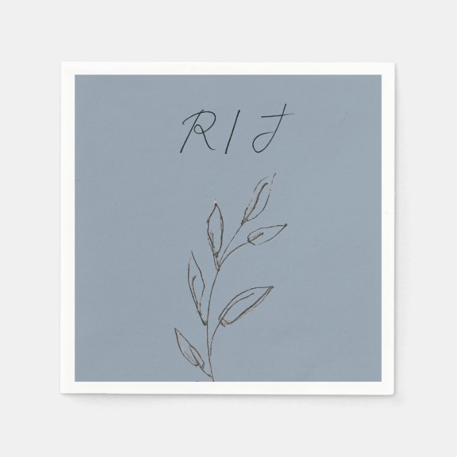 Monogram Black White Löv Dusty Blue Bröllop Pappersservett (Framsidan)