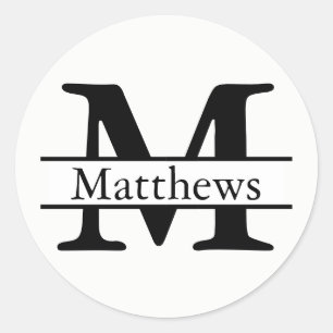 Monogram Black & White Namn - Circle Sticker Runt Klistermärke