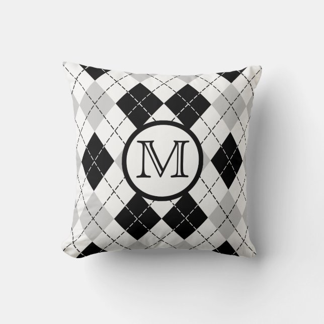 Monogram Black White och Grått Argyle Dekorativ ku Kudde (Framsida)
