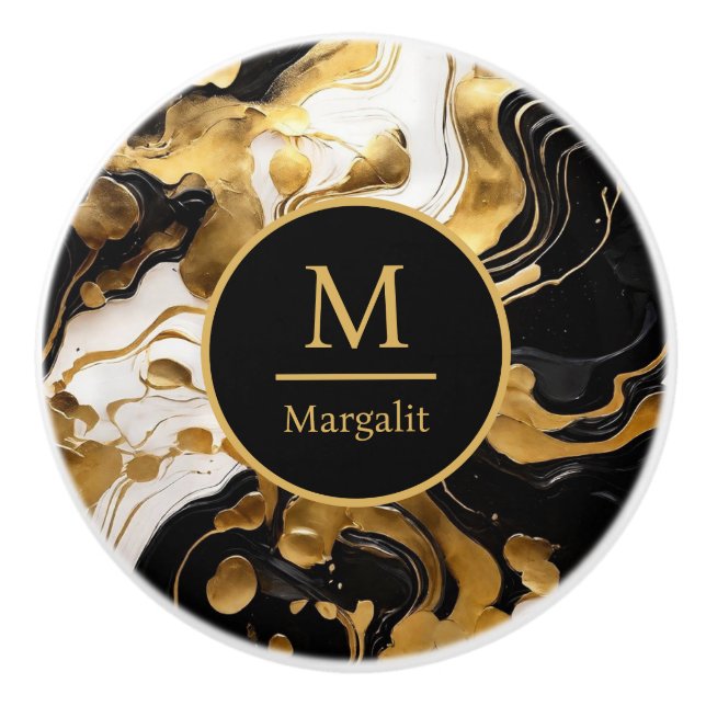 Monogram Black White och Guld Faux Marble Knopp (Framsidan)