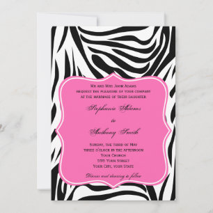 Monogram Black, White och Shock rosa Zebra Bröllop Inbjudningar