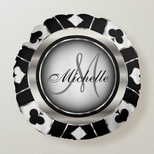 Monogram Black, White och Silver Poker Chip Rund Kudde (Framsidan)