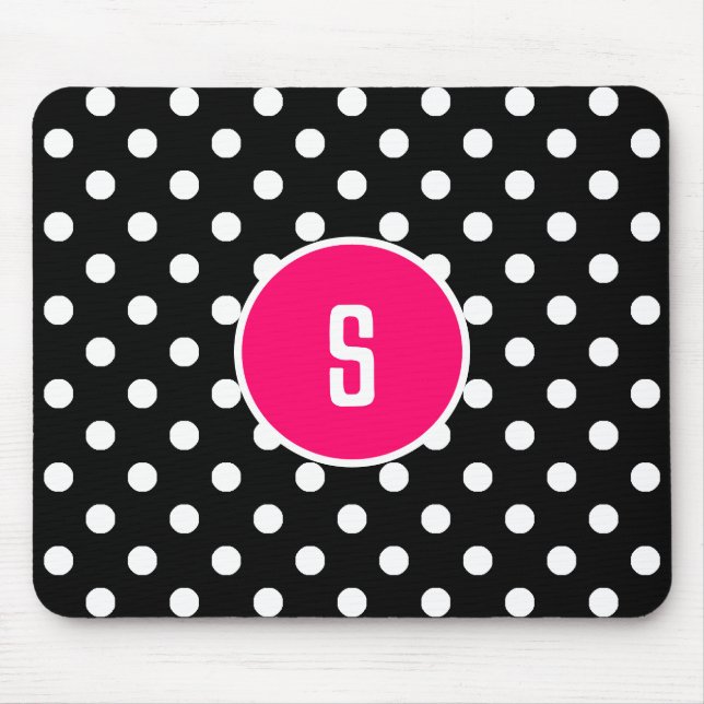 Monogram Black White Polka Dot Mönster Shock rosa Musmatta (Framsidan)
