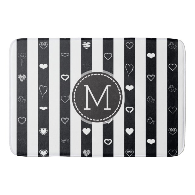 Monogram Black White Rand Modern Heart Mönster Badrumsmatta (Framsidan)