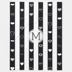 Monogram Black White Rand Modern Heart Mönster Fleecefilt