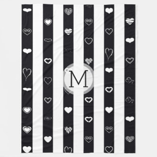 Monogram Black White Rand Modern Heart Mönster Fleecefilt