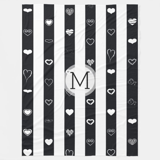 Monogram Black White Rand Modern Heart Mönster Fleecefilt (Framsidan)