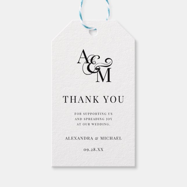 Monogram Black White Simple Bröllop Tack Presentetikett (Framsidan)