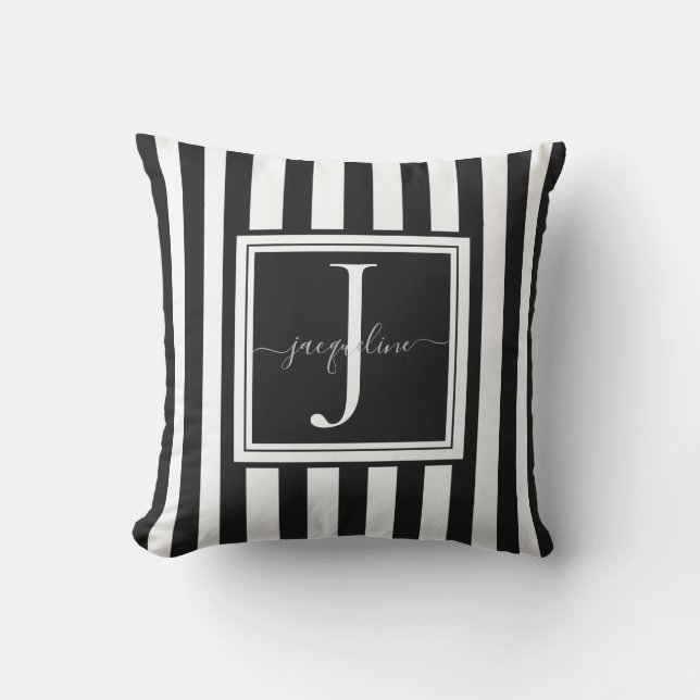 Monogram Black & White Stripe Cushion Kudde (Framsida)