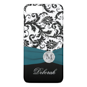 Monogram Black, White, Teal Damask iPhone 7 Fodral