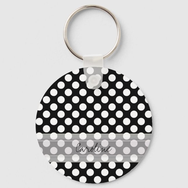 Monogram Black White Trendig Roligt Polka Dot Möns Nyckelring (Framsida)