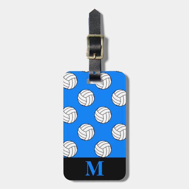 Monogram Black White Volleyball Bollar, Azure Blue Bagagebricka (Vertikal Framsida)