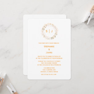 Monogram Blad Crest Orange Vit Elegant Bröllop Inbjudningar