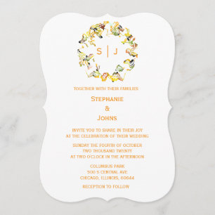 Monogram blad krans orange guld vit chic bröllop inbjudningar