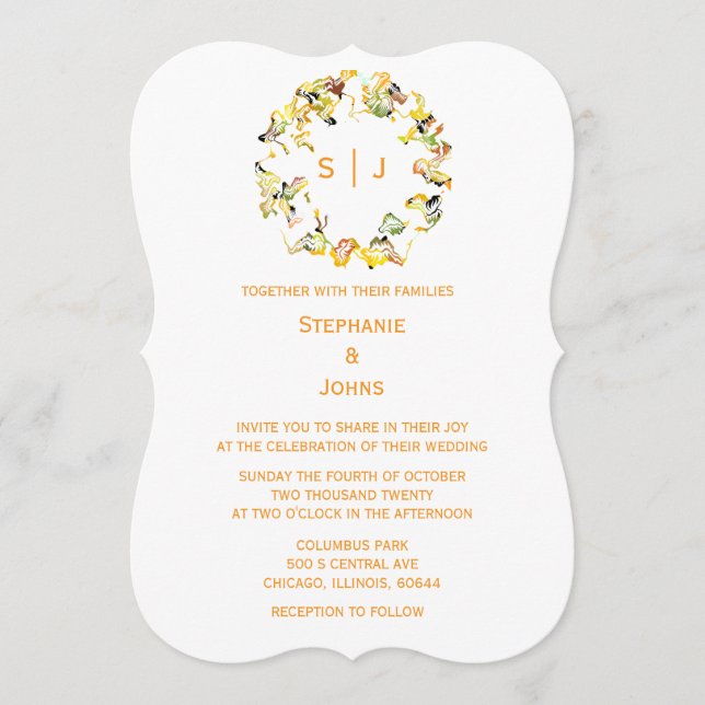 Monogram blad krans orange guld vit chic bröllop inbjudningar (Framsida)