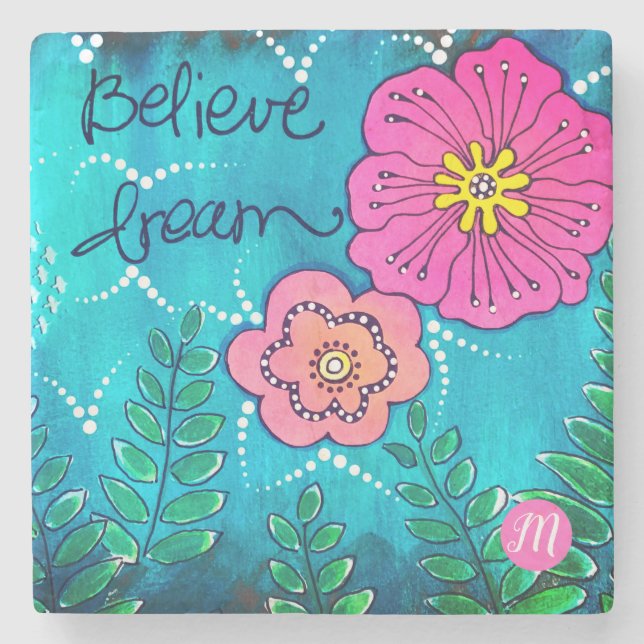 Monogram blandad mediekonst med blommor | stenunderlägg (Framsidan)