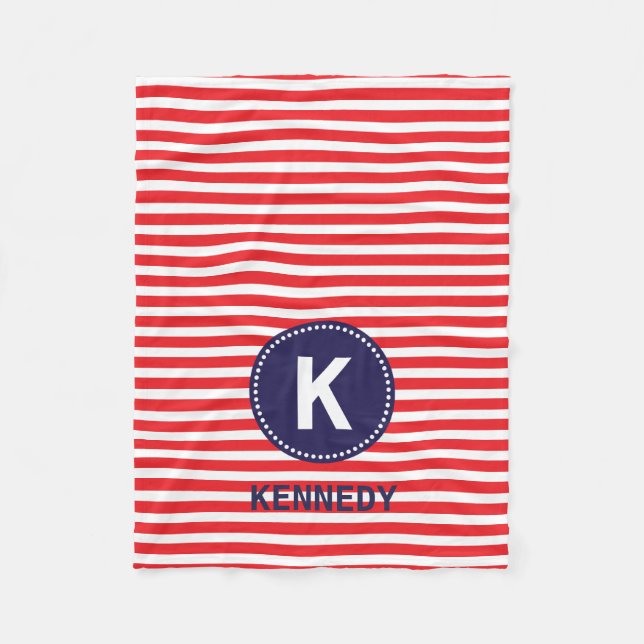 Monogram Blanket Red White Rand och Navy Blue Fleecefilt (Framsidan)