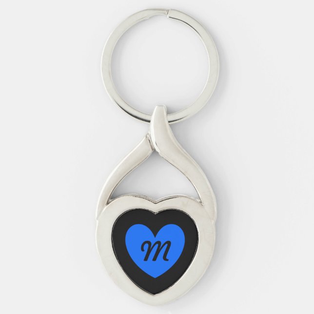 Monogram blått hjärta på svart twisted heart silverfärgad nyckelring (Framsidan)