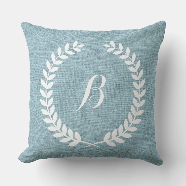 Monogram Blått Linen och Vit krans Kudde (Framsida)