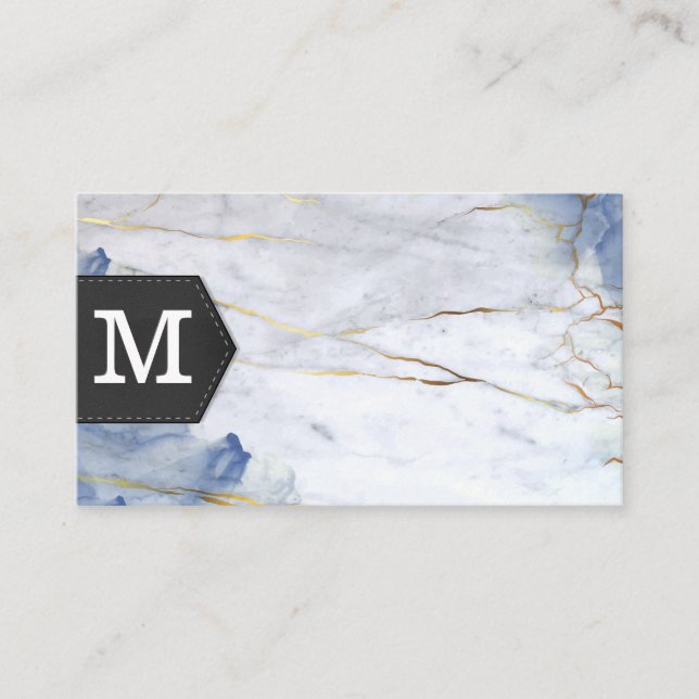Monogram | Blått Marble-bakgrund Visitkort (Framsida)