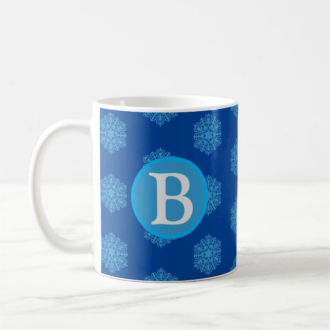 Monogram Blått Snöflingor-kaffe Mugg (Vänster)