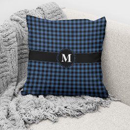 Monogram Blått & Svart Gingham Rutigt Mönster Kudde