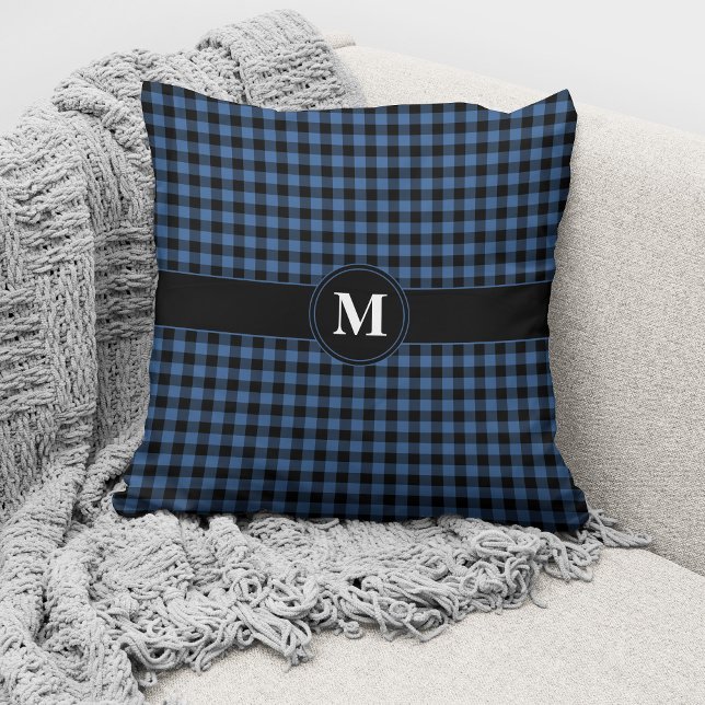 Monogram Blått & Svart Gingham Rutigt Mönster Kudde (Skapare uppladdad)