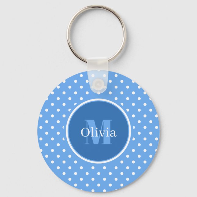 Monogram Blek Blue och White Polka dots Nyckelring (Framsida)