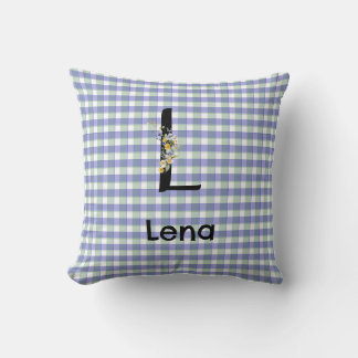 Monogram blomma gingham blågrön mönster kudde