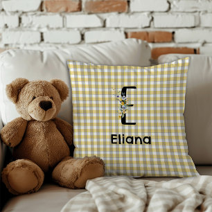 Monogram blomma retro gingham blå grå  kudde
