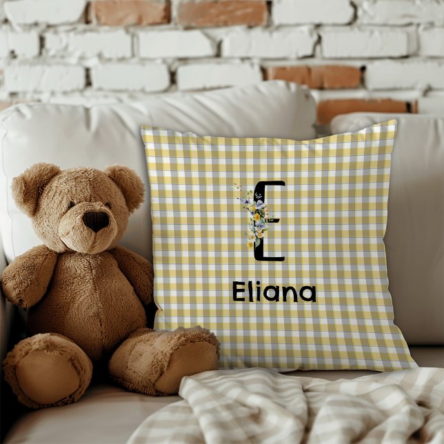 Monogram blomma retro gingham blå grå  kudde (Skapare uppladdad)