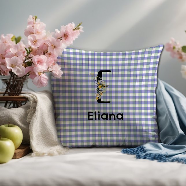 Monogram blomma retro gingham blå grön  kudde (Skapare uppladdad)