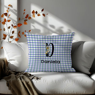 Monogram-blommans retro gingham-blå grönt kudde