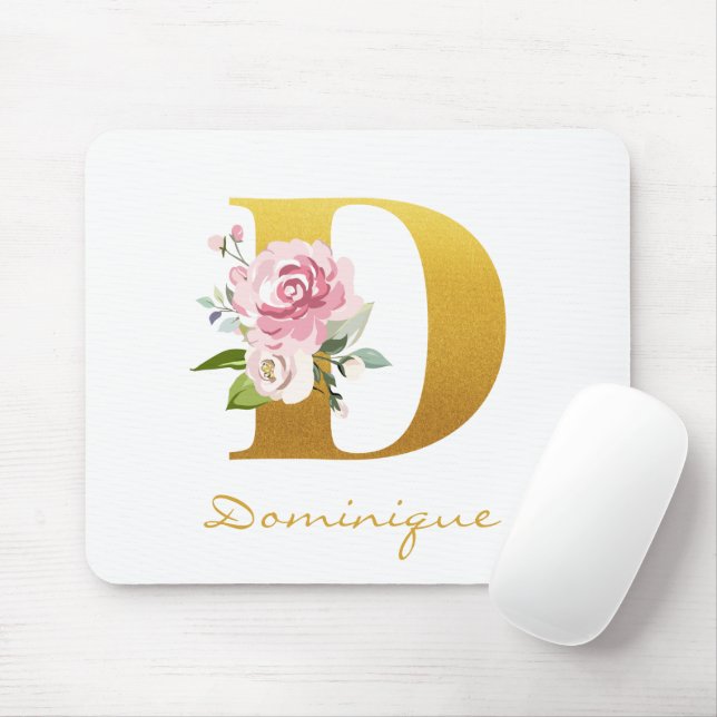Monogram Blommig Falskt Guld Namn Initial Anpassa Musmatta (Med mus)