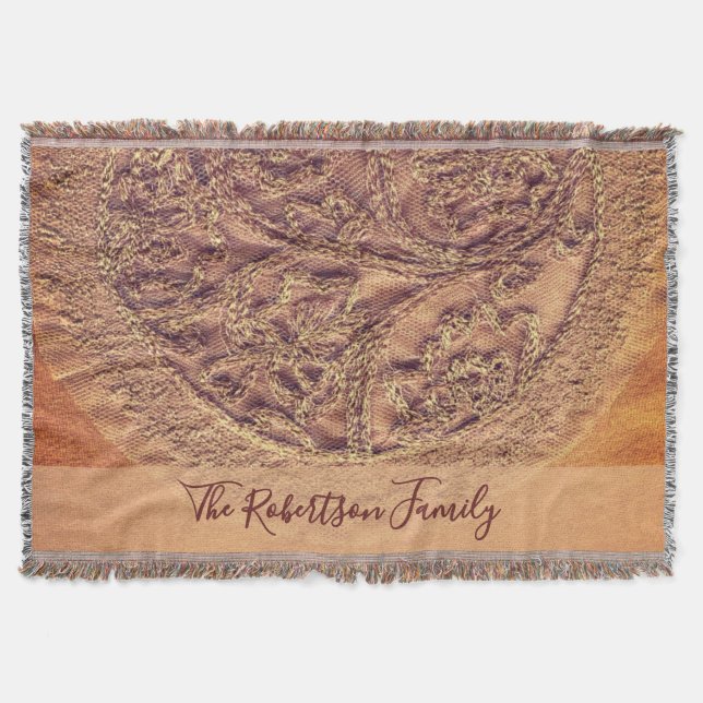 Monogram Blommig Familj Boho Retro Dammigt Orange  Filt (Framsidan)