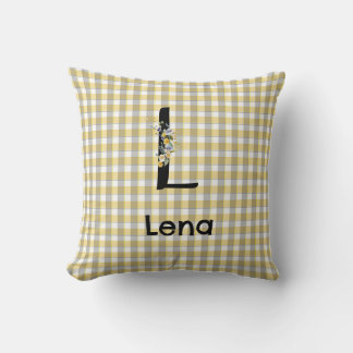 Monogram blommig gingham gul grå mönster kudde