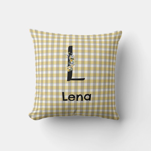 Monogram blommig gingham gul grå mönster kudde (Framsida)