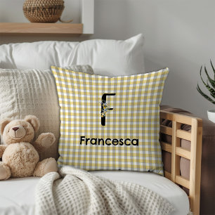 Monogram blommig gingham gul grå mönster kudde