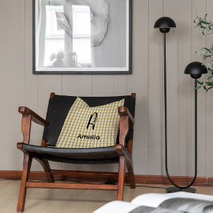 Monogram blommig gingham gul grå mönster kudde