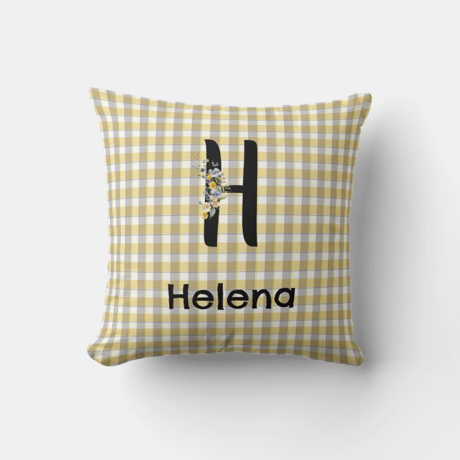 Monogram blommig gingham gul grå mönster kudde (Framsida)